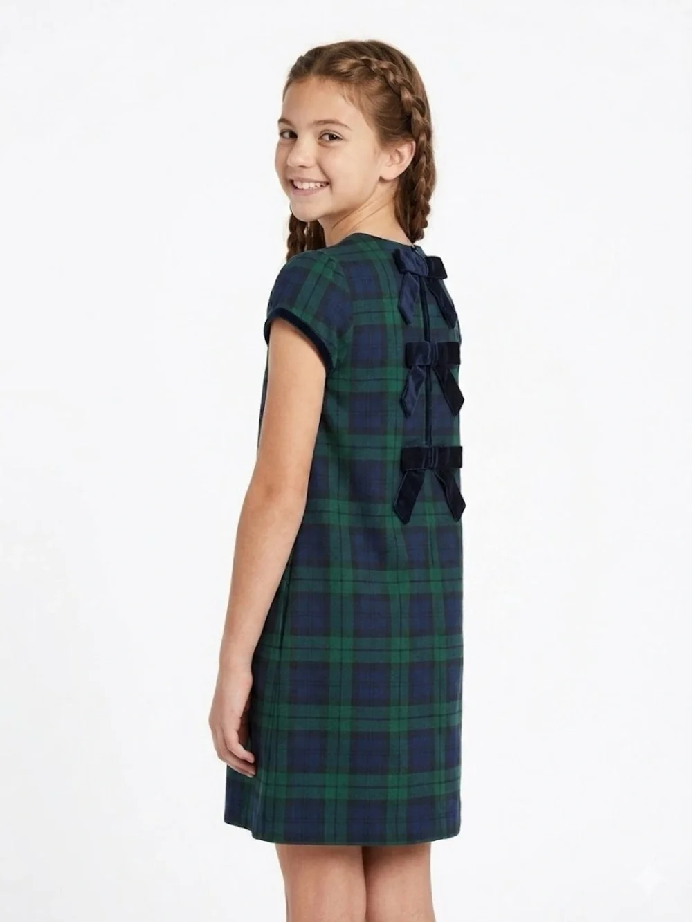 The Beaufort Bonnet Company Girls Milly Black Watch Plaid Dress Velvet Bows TBBC